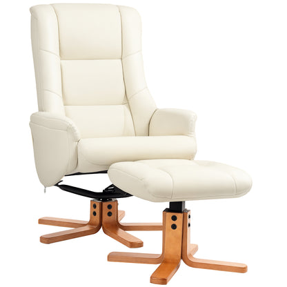 Recliner Chair with Ottoman, TV Chair with Reclining Function, Rocking Function, High Backrest, Wooden Legs for Living Room, Bedroom, Faux Leather, Cream White