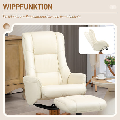 Recliner Chair with Ottoman, TV Chair with Reclining Function, Rocking Function, High Backrest, Wooden Legs for Living Room, Bedroom, Faux Leather, Cream White