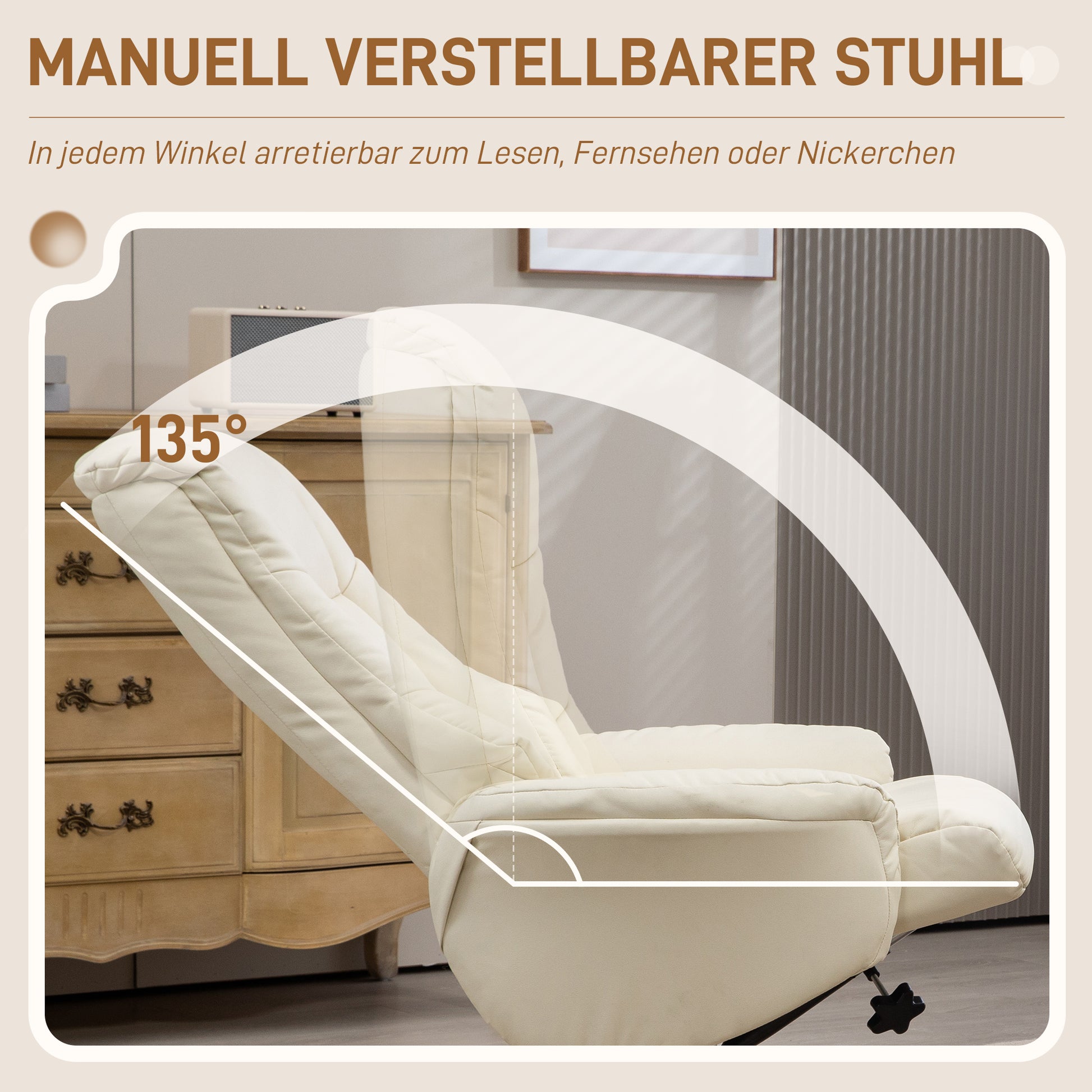 Recliner Chair with Ottoman, TV Chair with Reclining Function, Rocking Function, High Backrest, Wooden Legs for Living Room, Bedroom, Faux Leather, Cream White