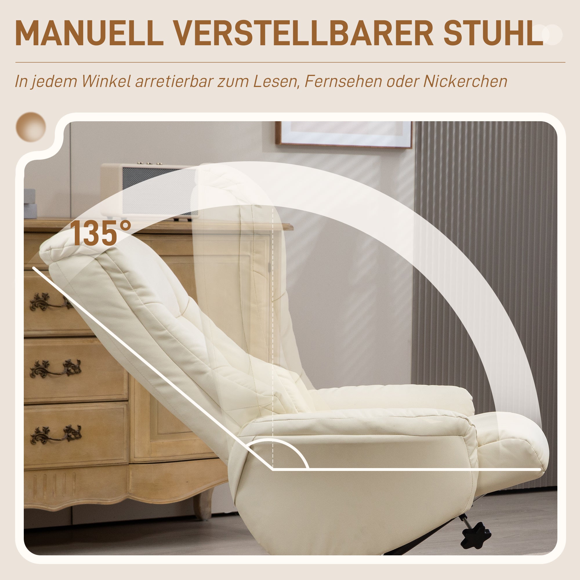 Recliner Chair with Ottoman, TV Chair with Reclining Function, Rocking Function, High Backrest, Wooden Legs for Living Room, Bedroom, Faux Leather, Cream White