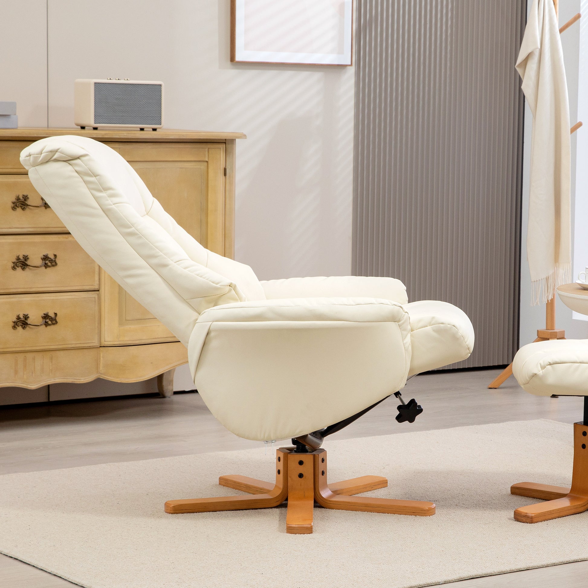 Recliner Chair with Ottoman, TV Chair with Reclining Function, Rocking Function, High Backrest, Wooden Legs for Living Room, Bedroom, Faux Leather, Cream White
