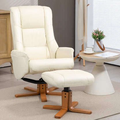 Recliner Chair with Ottoman, TV Chair with Reclining Function, Rocking Function, High Backrest, Wooden Legs for Living Room, Bedroom, Faux Leather, Cream White