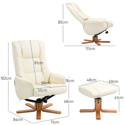 Recliner Chair with Ottoman, TV Chair with Reclining Function, Rocking Function, High Backrest, Wooden Legs for Living Room, Bedroom, Faux Leather, Cream White