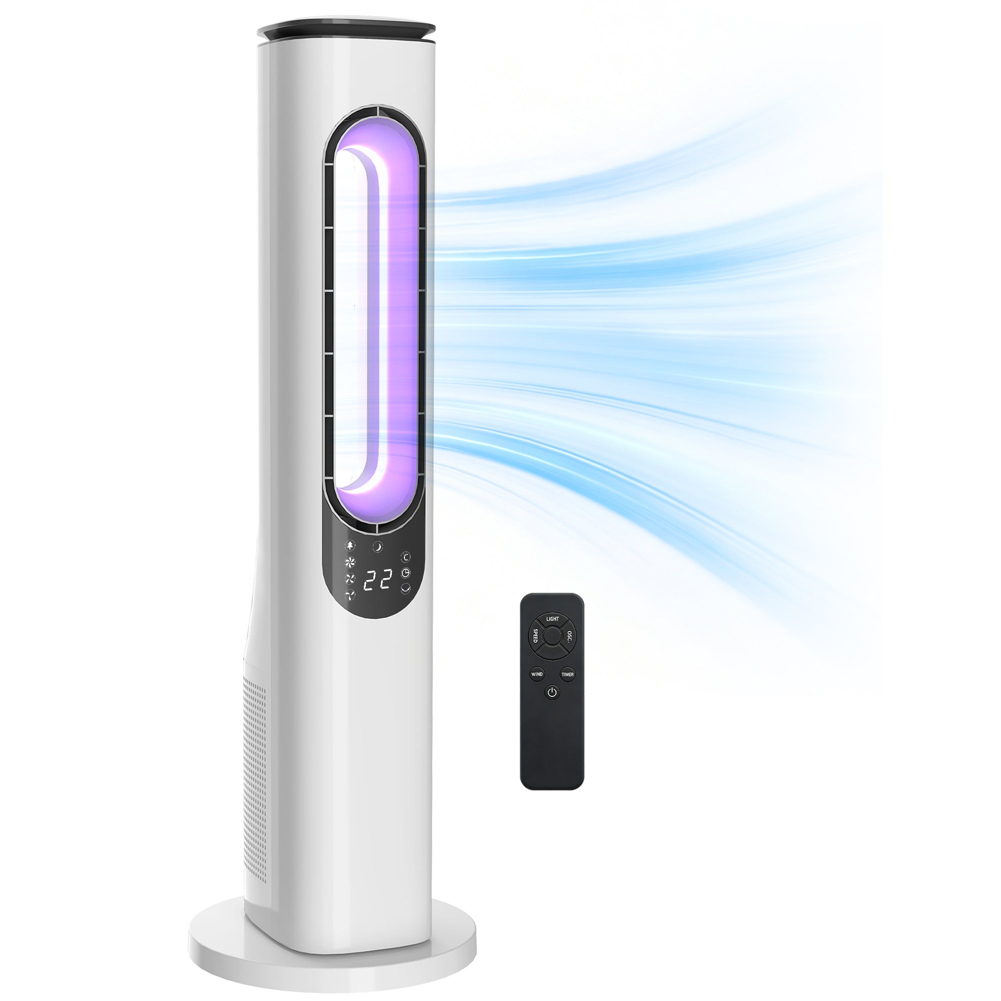 Bladeless Tower Fan — Ultra-Quiet 35 dB, Remote Control, LED Display, 3 Speeds & Modes, 15H Timer, 50° Oscillation — White