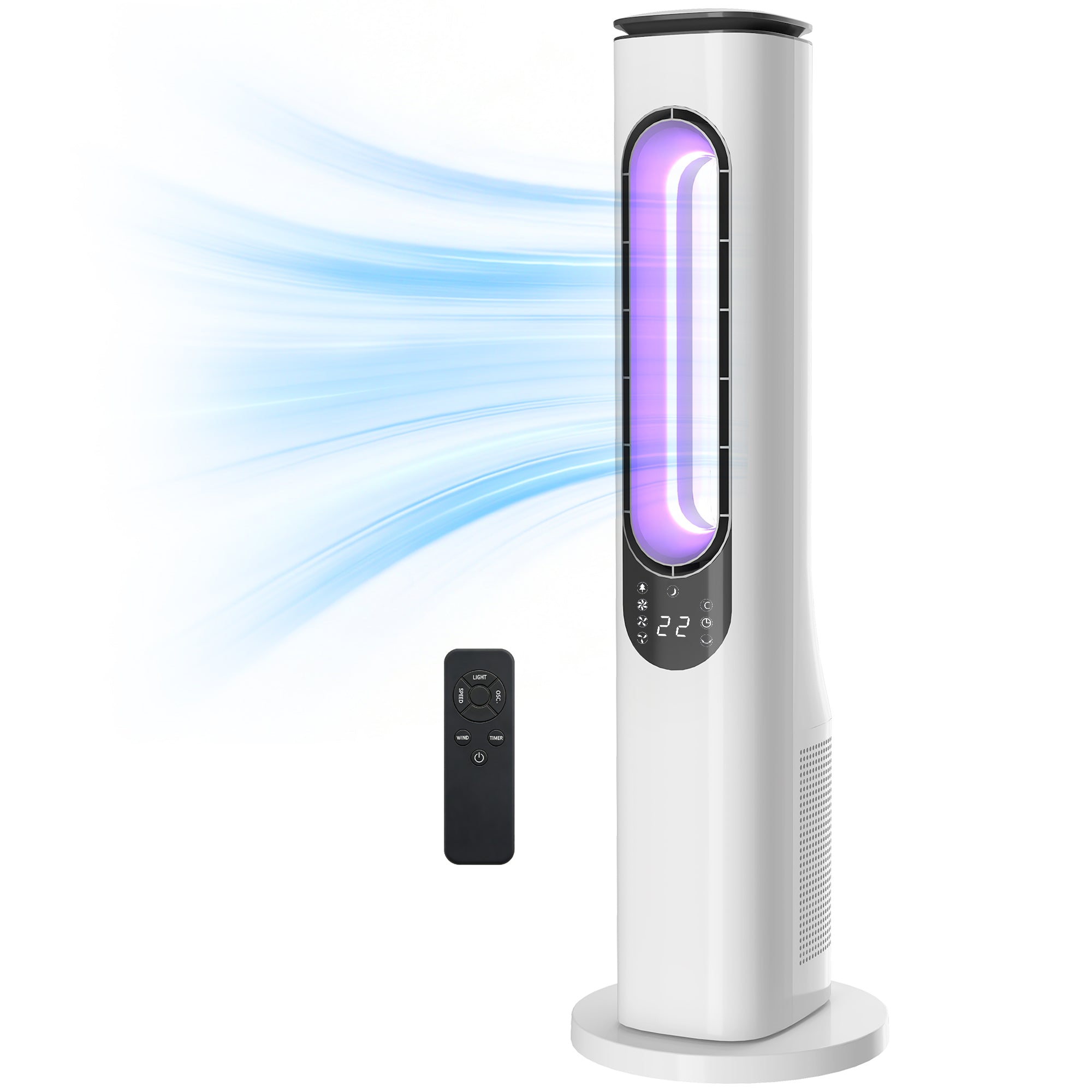 Bladeless Tower Fan — Ultra-Quiet 35 dB, Remote Control, LED Display, 3 Speeds & Modes, 15H Timer, 50° Oscillation — White
