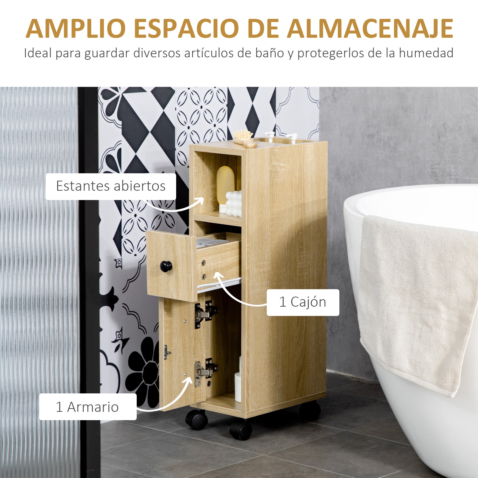 Bathroom Cabinet with Wheels Bathroom Storage Cabinet with Open Shelf Door and Drawer Space-Saving 7.1x11.8x27 inch Oak