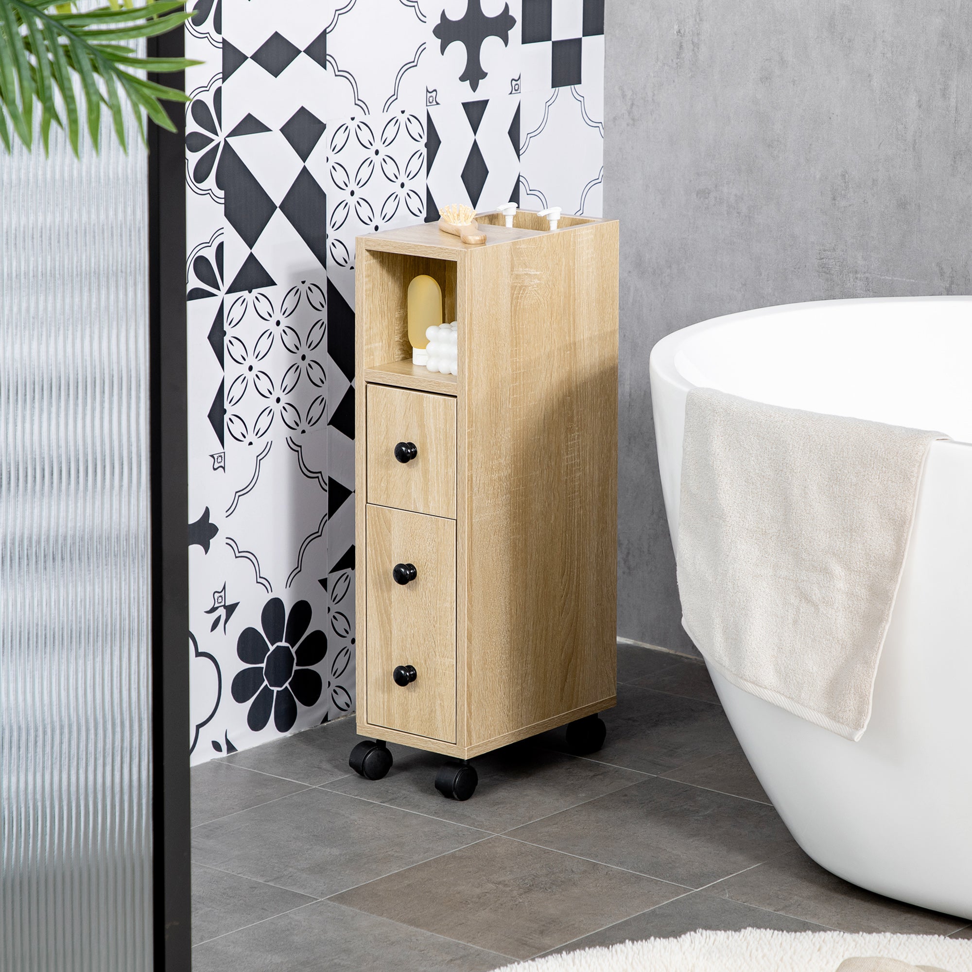 Bathroom Cabinet with Wheels Bathroom Storage Cabinet with Open Shelf Door and Drawer Space-Saving 7.1x11.8x27 inch Oak