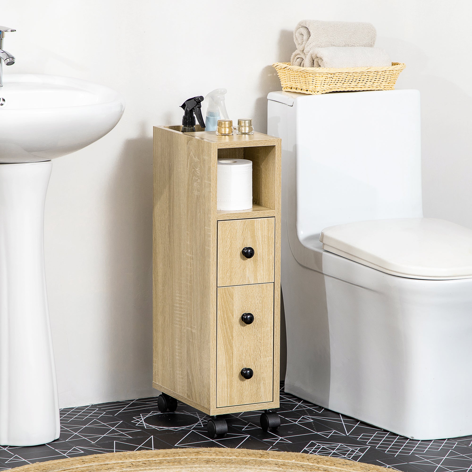 Bathroom Cabinet with Wheels Bathroom Storage Cabinet with Open Shelf Door and Drawer Space-Saving 7.1x11.8x27 inch Oak