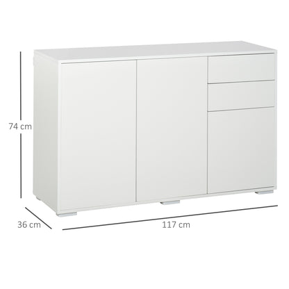 Sideboard Chest of Drawers with 2 Drawers, 3 Doors, Adjustable Shelves, Storage Cabinet Drawer Cabinet for Bedroom, Living Room 117 x 36 x 74 cm White