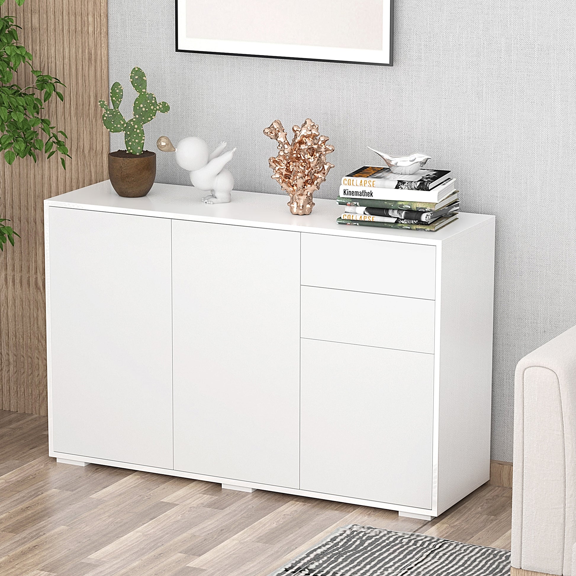 Sideboard Chest of Drawers with 2 Drawers, 3 Doors, Adjustable Shelves, Storage Cabinet Drawer Cabinet for Bedroom, Living Room 117 x 36 x 74 cm White