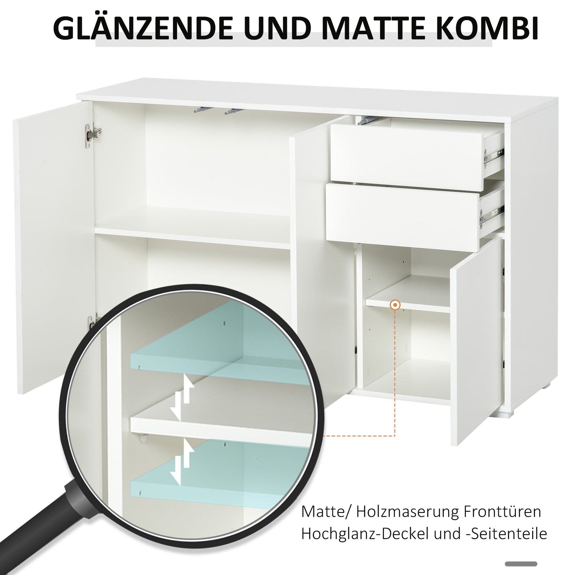 Sideboard Chest of Drawers with 2 Drawers, 3 Doors, Adjustable Shelves, Storage Cabinet Drawer Cabinet for Bedroom, Living Room 117 x 36 x 74 cm White