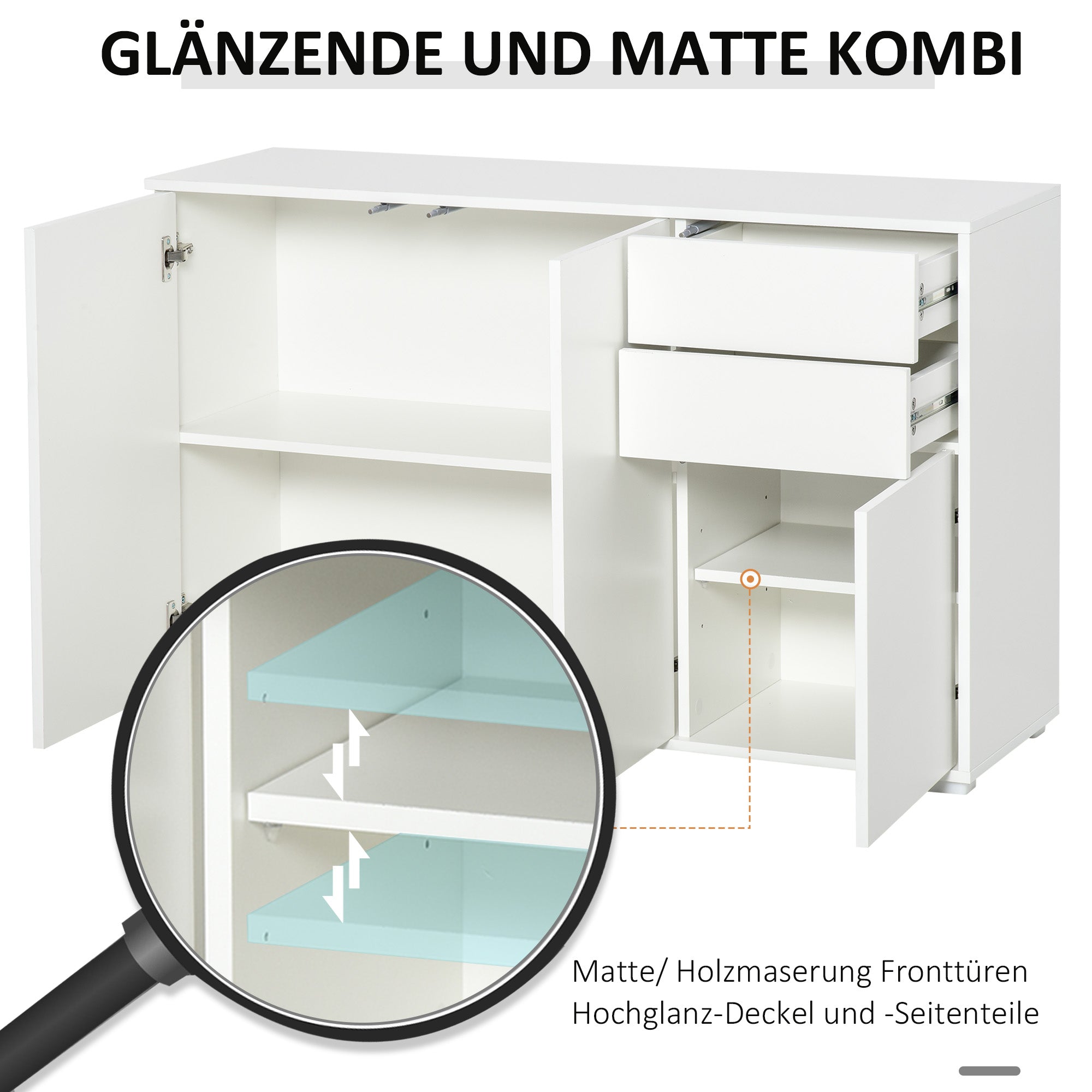 Sideboard Chest of Drawers with 2 Drawers, 3 Doors, Adjustable Shelves, Storage Cabinet Drawer Cabinet for Bedroom, Living Room 117 x 36 x 74 cm White