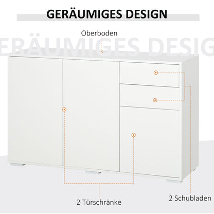Sideboard Chest of Drawers with 2 Drawers, 3 Doors, Adjustable Shelves, Storage Cabinet Drawer Cabinet for Bedroom, Living Room 117 x 36 x 74 cm White