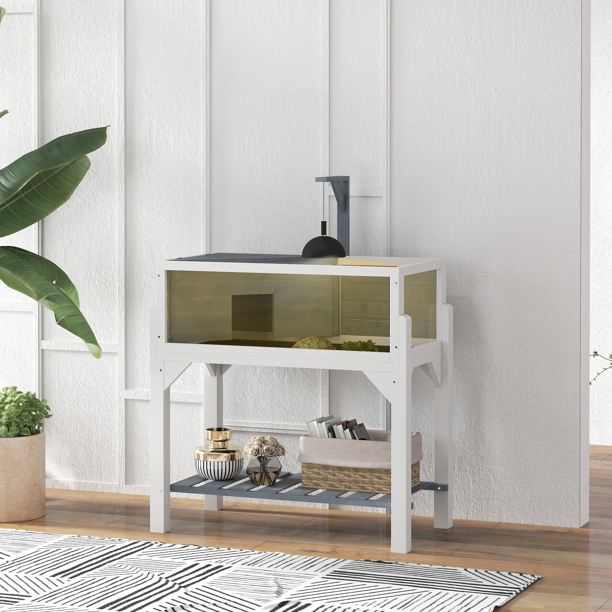2-Zone Raised Tortoise Enclosure with Opening Top, Lamp Mount & Panoramic View – 84.5 x 47.5 x 90 cm (Gray)