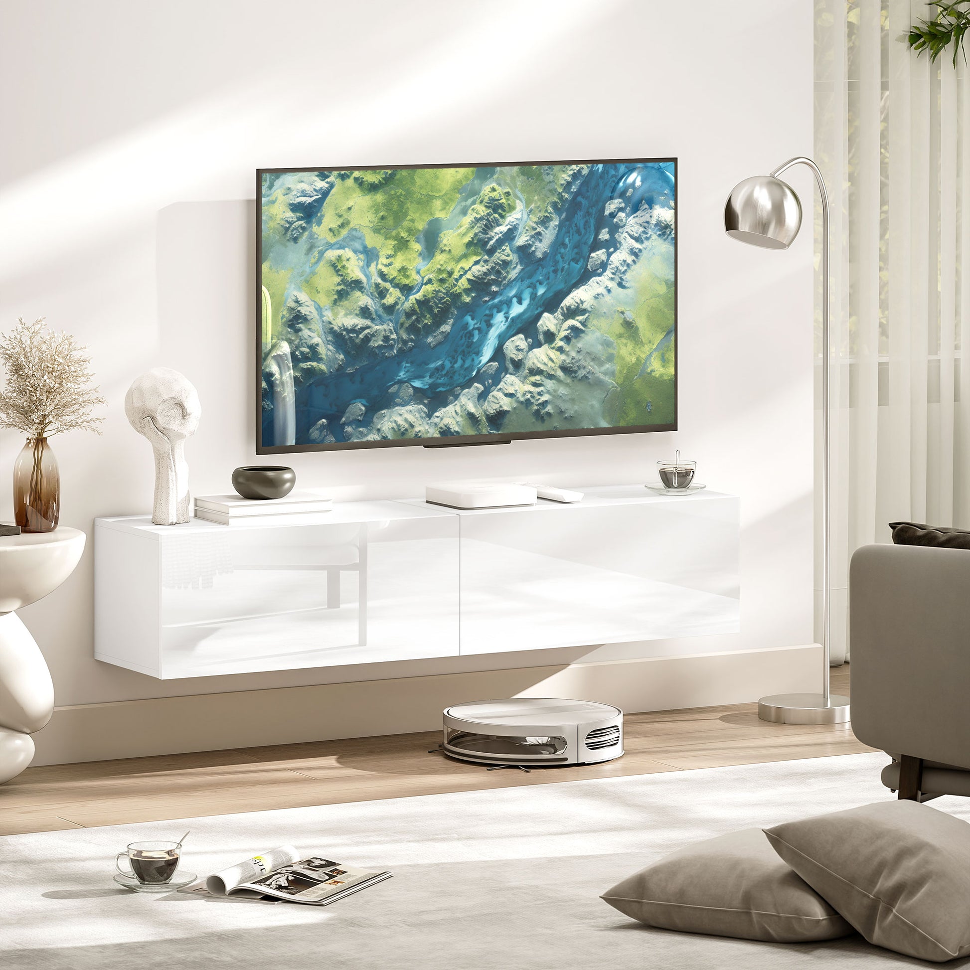 TV cabinet hanging TV board 140 cm for TVs up to 65 inches lowboard TV table with storage TV cabinet for living room high gloss white