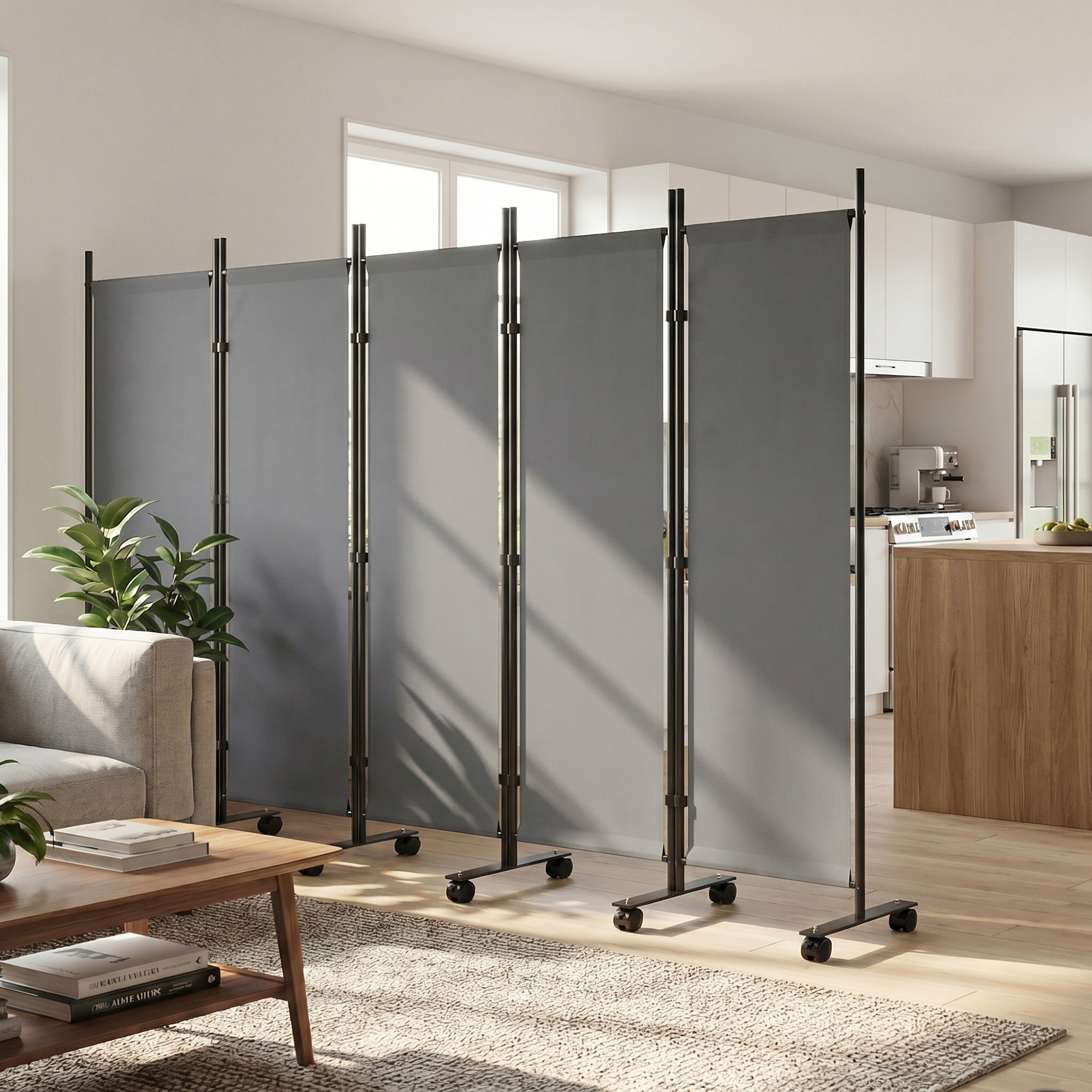 5-Panel Room Divider 99 x 16 x 67 in — Freestanding Folding Privacy Screen with 12 Wheels, Metal Frame, Water-Resistant Polyester, Dark Gray (Indoor/Covered Outdoor)