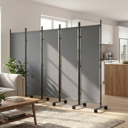 5-Panel Room Divider 99 x 16 x 67 in — Freestanding Folding Privacy Screen with 12 Wheels, Metal Frame, Water-Resistant Polyester, Dark Gray (Indoor/Covered Outdoor)