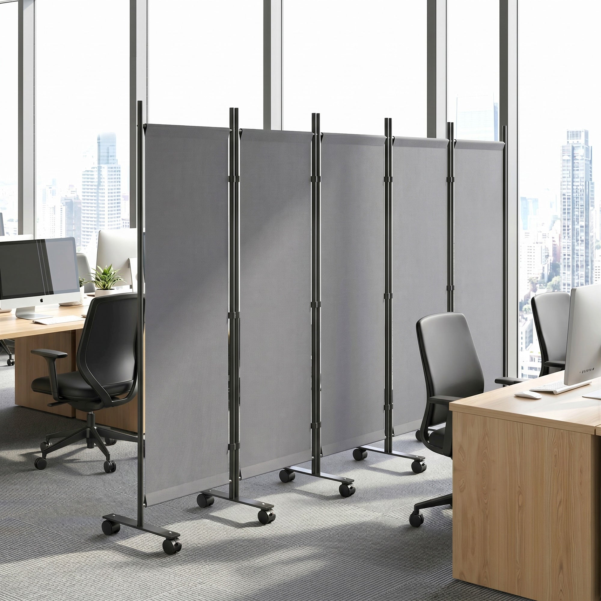 5-Panel Room Divider 99 x 16 x 67 in — Freestanding Folding Privacy Screen with 12 Wheels, Metal Frame, Water-Resistant Polyester, Dark Gray (Indoor/Covered Outdoor)