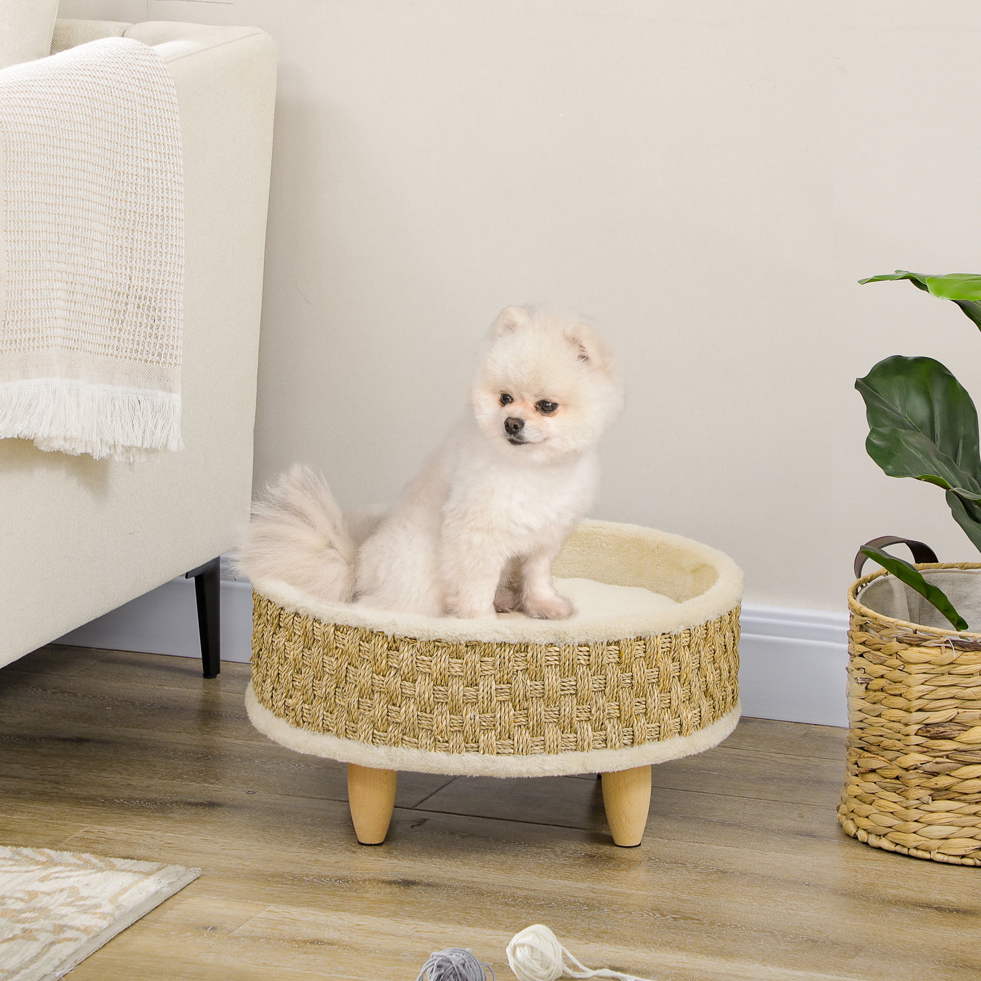Elevated Pet Sofa, Luxury Cat Sofa with Washable Cushion, Pet Bed Dog Lounge with Seagrass Rope and Wooden Legs, Dog Couch, Round, Indoor, Beige+Khaki, 48 x 48 x 24.5 cm