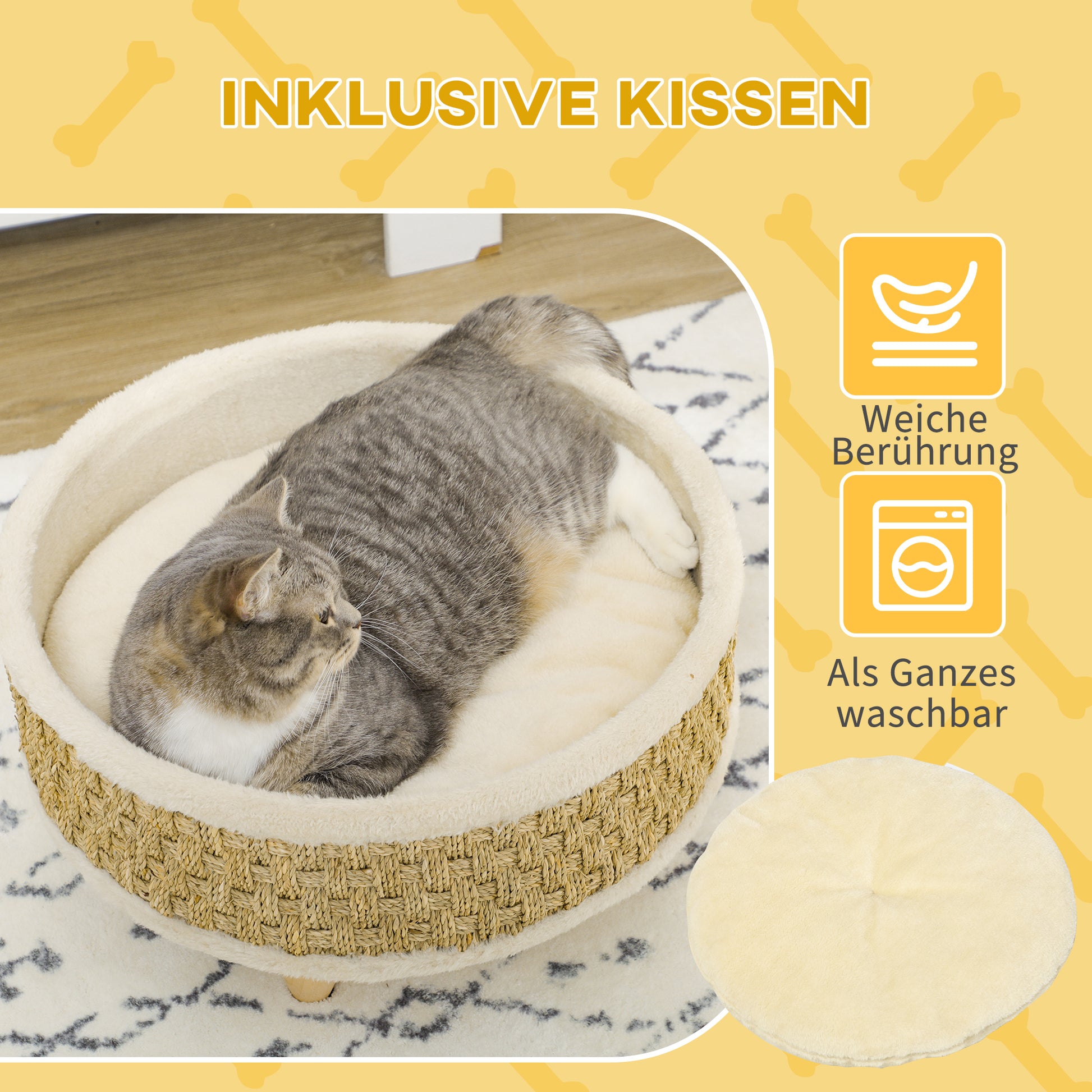 Elevated Pet Sofa, Luxury Cat Sofa with Washable Cushion, Pet Bed Dog Lounge with Seagrass Rope and Wooden Legs, Dog Couch, Round, Indoor, Beige+Khaki, 48 x 48 x 24.5 cm