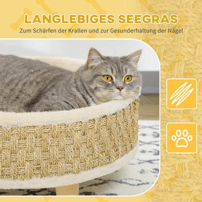 Elevated Pet Sofa, Luxury Cat Sofa with Washable Cushion, Pet Bed Dog Lounge with Seagrass Rope and Wooden Legs, Dog Couch, Round, Indoor, Beige+Khaki, 48 x 48 x 24.5 cm
