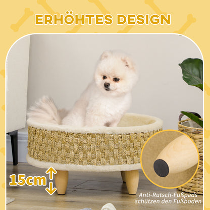 Elevated Pet Sofa, Luxury Cat Sofa with Washable Cushion, Pet Bed Dog Lounge with Seagrass Rope and Wooden Legs, Dog Couch, Round, Indoor, Beige+Khaki, 48 x 48 x 24.5 cm