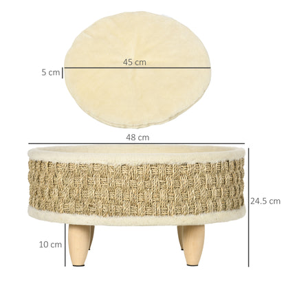 Elevated Pet Sofa, Luxury Cat Sofa with Washable Cushion, Pet Bed Dog Lounge with Seagrass Rope and Wooden Legs, Dog Couch, Round, Indoor, Beige+Khaki, 48 x 48 x 24.5 cm