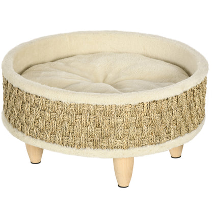 Elevated Pet Sofa, Luxury Cat Sofa with Washable Cushion, Pet Bed Dog Lounge with Seagrass Rope and Wooden Legs, Dog Couch, Round, Indoor, Beige+Khaki, 48 x 48 x 24.5 cm