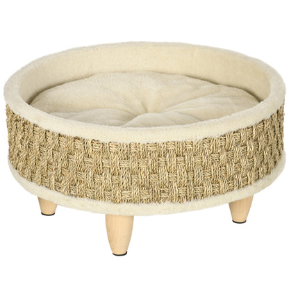 Elevated Pet Sofa, Luxury Cat Sofa with Washable Cushion, Pet Bed Dog Lounge with Seagrass Rope and Wooden Legs, Dog Couch, Round, Indoor, Beige+Khaki, 48 x 48 x 24.5 cm