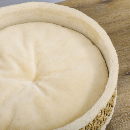 Elevated Pet Sofa, Luxury Cat Sofa with Washable Cushion, Pet Bed Dog Lounge with Seagrass Rope and Wooden Legs, Dog Couch, Round, Indoor, Beige+Khaki, 48 x 48 x 24.5 cm