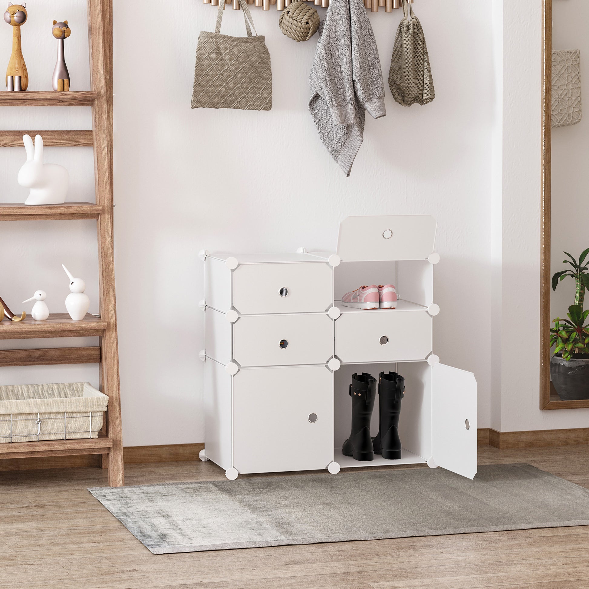 Shoe Cabinet, Shelf with Storage Bins, Wardrobe, Plastic, Steel, White, 75 x 37 x 73 cm