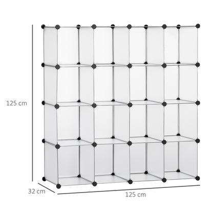 DIY modular shelf system with 16 cubes stackable DIY cube shelf wardrobe storage shelf standing shelf shoe shelf made of plastic steel White 125 x 32 x 125 cm