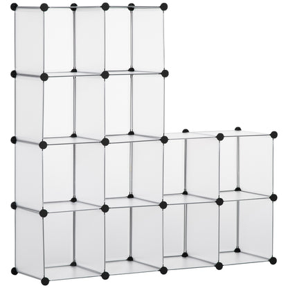 DIY modular shelf system with 16 cubes stackable DIY cube shelf wardrobe storage shelf standing shelf shoe shelf made of plastic steel White 125 x 32 x 125 cm