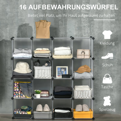 DIY modular shelf system with 16 cubes stackable DIY cube shelf wardrobe storage shelf standing shelf shoe shelf made of plastic steel White 125 x 32 x 125 cm