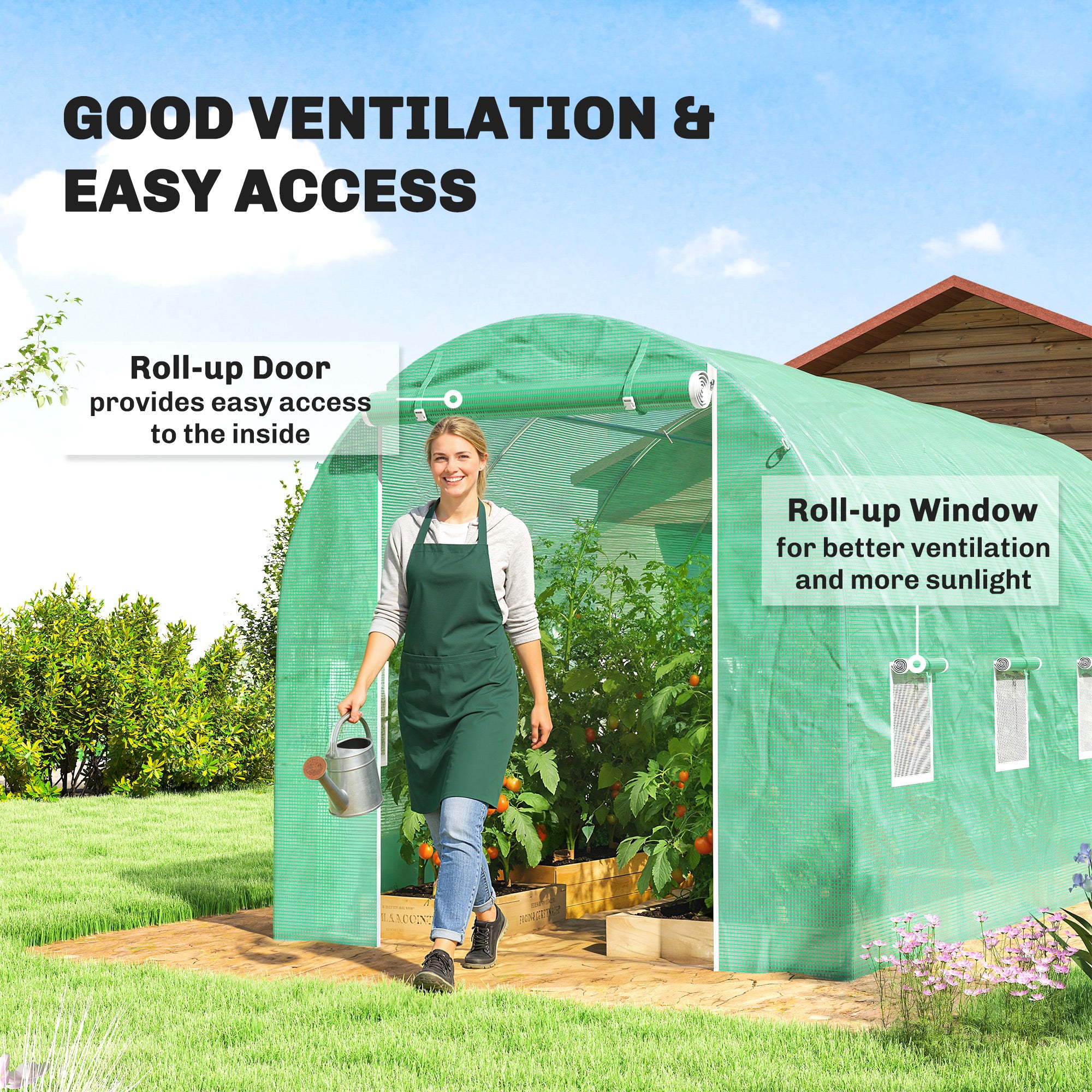 Greenhouse Cover 4 x 2 m (13.1 x 6.6 ft) — Waterproof PE Tunnel Tarp with Zipper Door, 8 Windows, UV Protection, Tear-Resistant (Green)