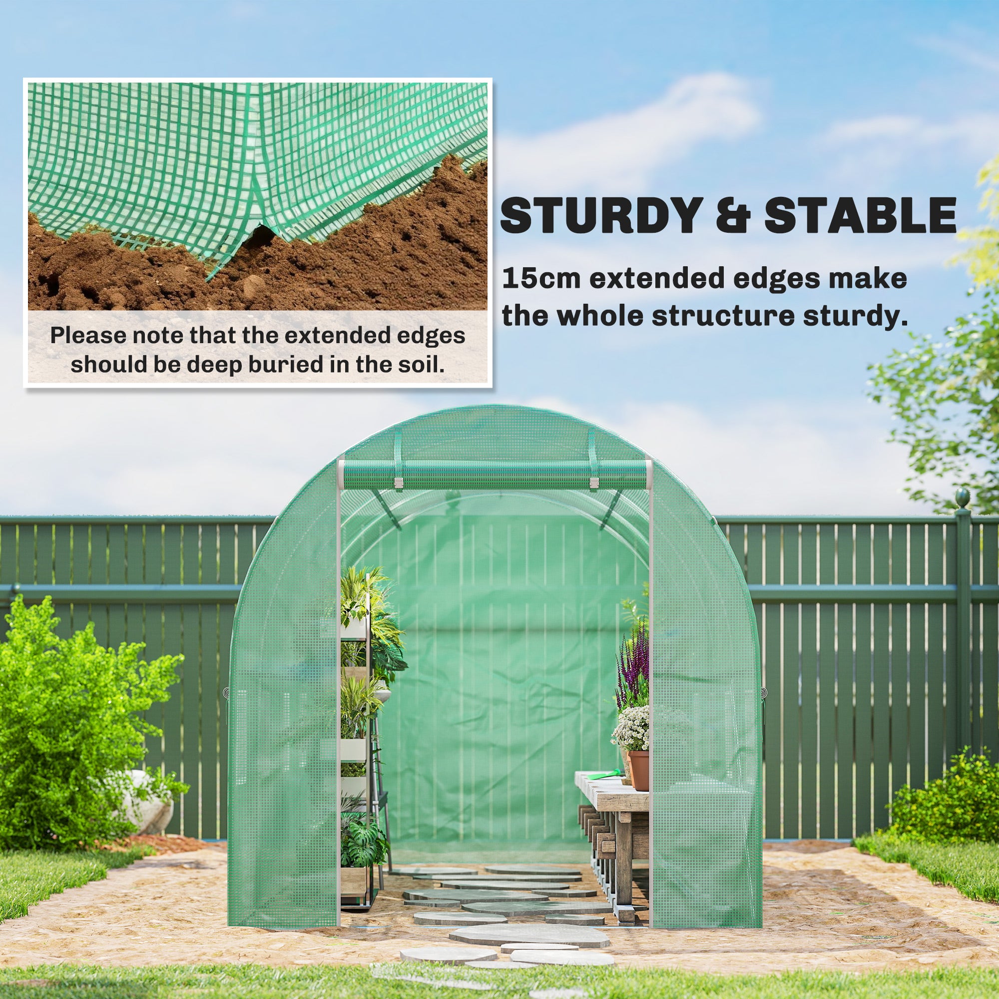 Greenhouse Cover 4 x 2 m (13.1 x 6.6 ft) — Waterproof PE Tunnel Tarp with Zipper Door, 8 Windows, UV Protection, Tear-Resistant (Green)
