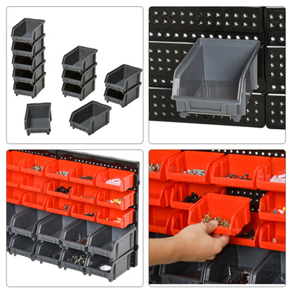 Storage System Wall Shelf 37.5 x 63 cm, Visible Storage Boxes, 30pcs. Boxes in 2 Sizes, Tool Holders, Workshop Wall Shelf for Screws, Workshop