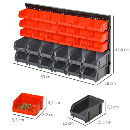 Storage System Wall Shelf 37.5 x 63 cm, Visible Storage Boxes, 30pcs. Boxes in 2 Sizes, Tool Holders, Workshop Wall Shelf for Screws, Workshop