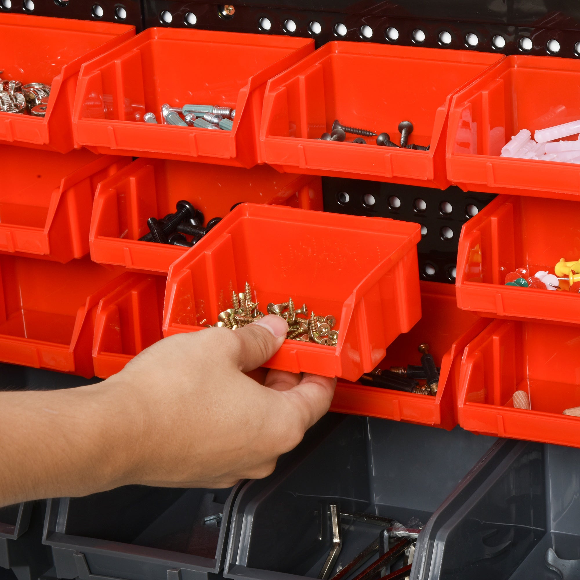 Storage System Wall Shelf 37.5 x 63 cm, Visible Storage Boxes, 30pcs. Boxes in 2 Sizes, Tool Holders, Workshop Wall Shelf for Screws, Workshop