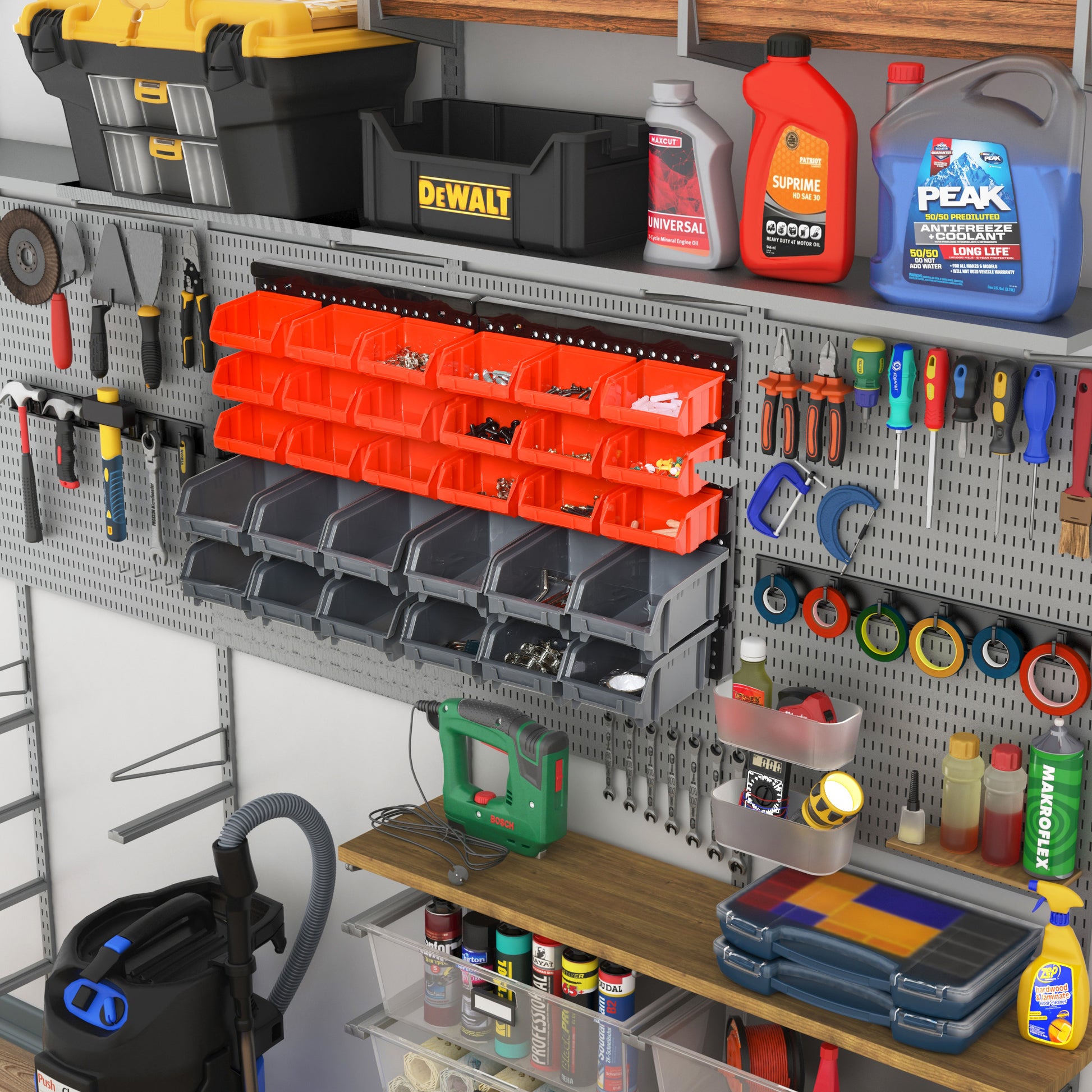 Storage System Wall Shelf 37.5 x 63 cm, Visible Storage Boxes, 30pcs. Boxes in 2 Sizes, Tool Holders, Workshop Wall Shelf for Screws, Workshop