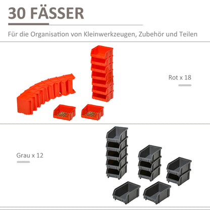Storage System Wall Shelf 37.5 x 63 cm, Visible Storage Boxes, 30pcs. Boxes in 2 Sizes, Tool Holders, Workshop Wall Shelf for Screws, Workshop