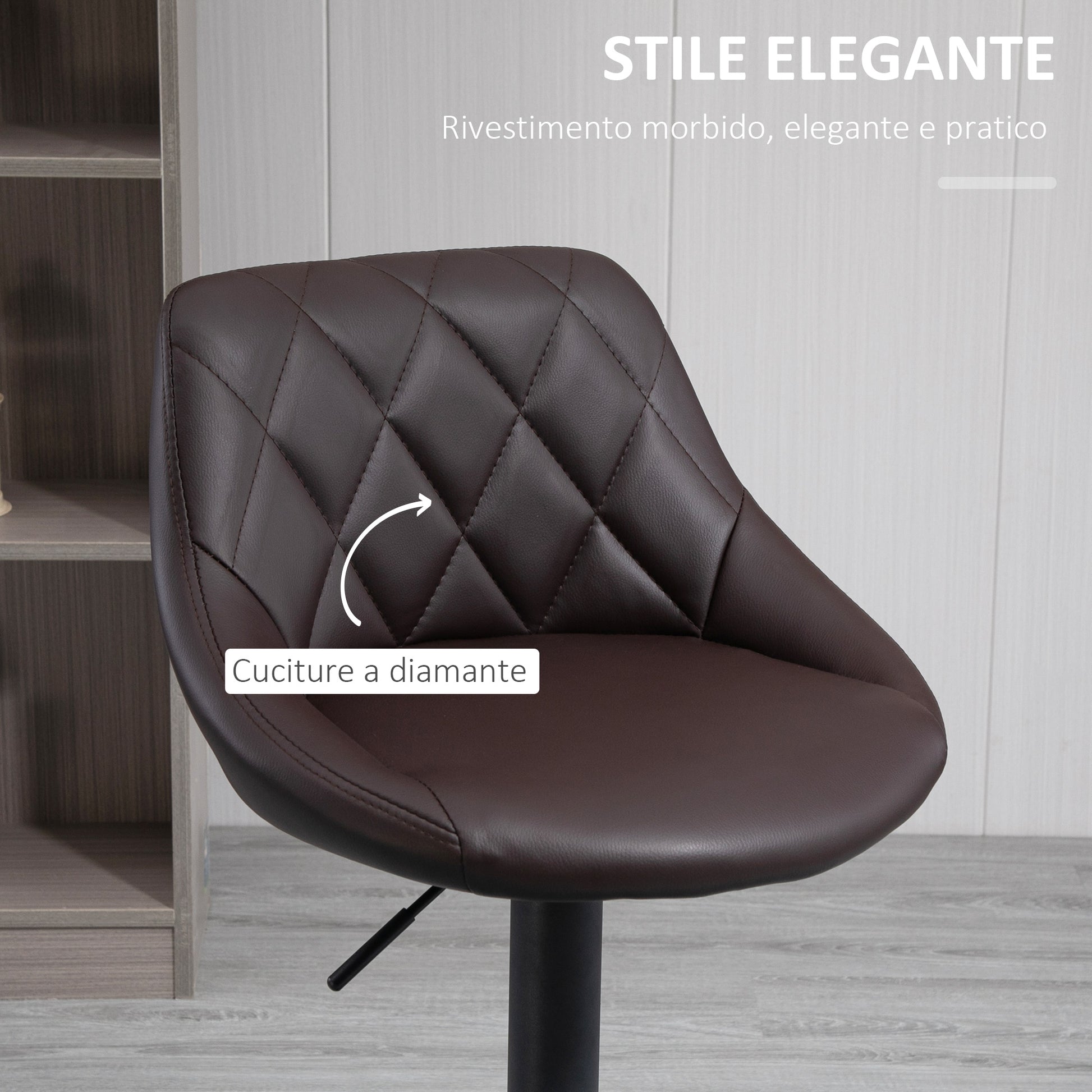 Set of 2 Bar Stools, Adjustable Height with Metal Base and Faux Leather Seat, Modern Stools with Backrest and Footrest, 46x48x83-104 cm, Brown and Black