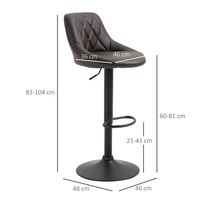 Set of 2 Bar Stools, Adjustable Height with Metal Base and Faux Leather Seat, Modern Stools with Backrest and Footrest, 46x48x83-104 cm, Brown and Black