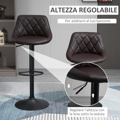 Set of 2 Bar Stools, Adjustable Height with Metal Base and Faux Leather Seat, Modern Stools with Backrest and Footrest, 46x48x83-104 cm, Brown and Black