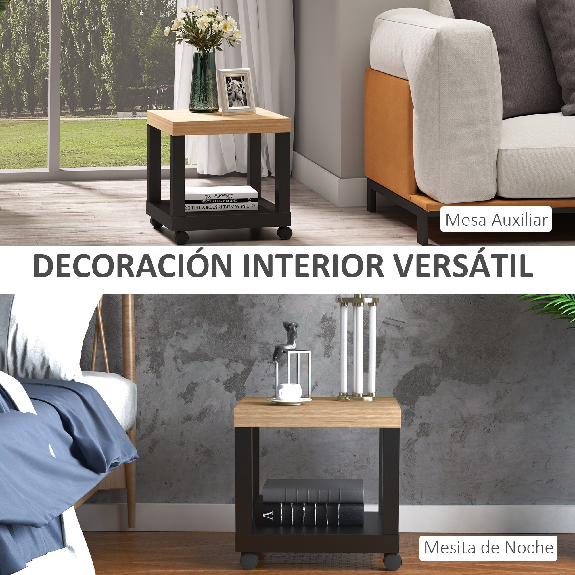 Wheeled Side Table with Open Shelf End Table for Sofa Living Room Bedroom 40x40x40 cm Black and Natural