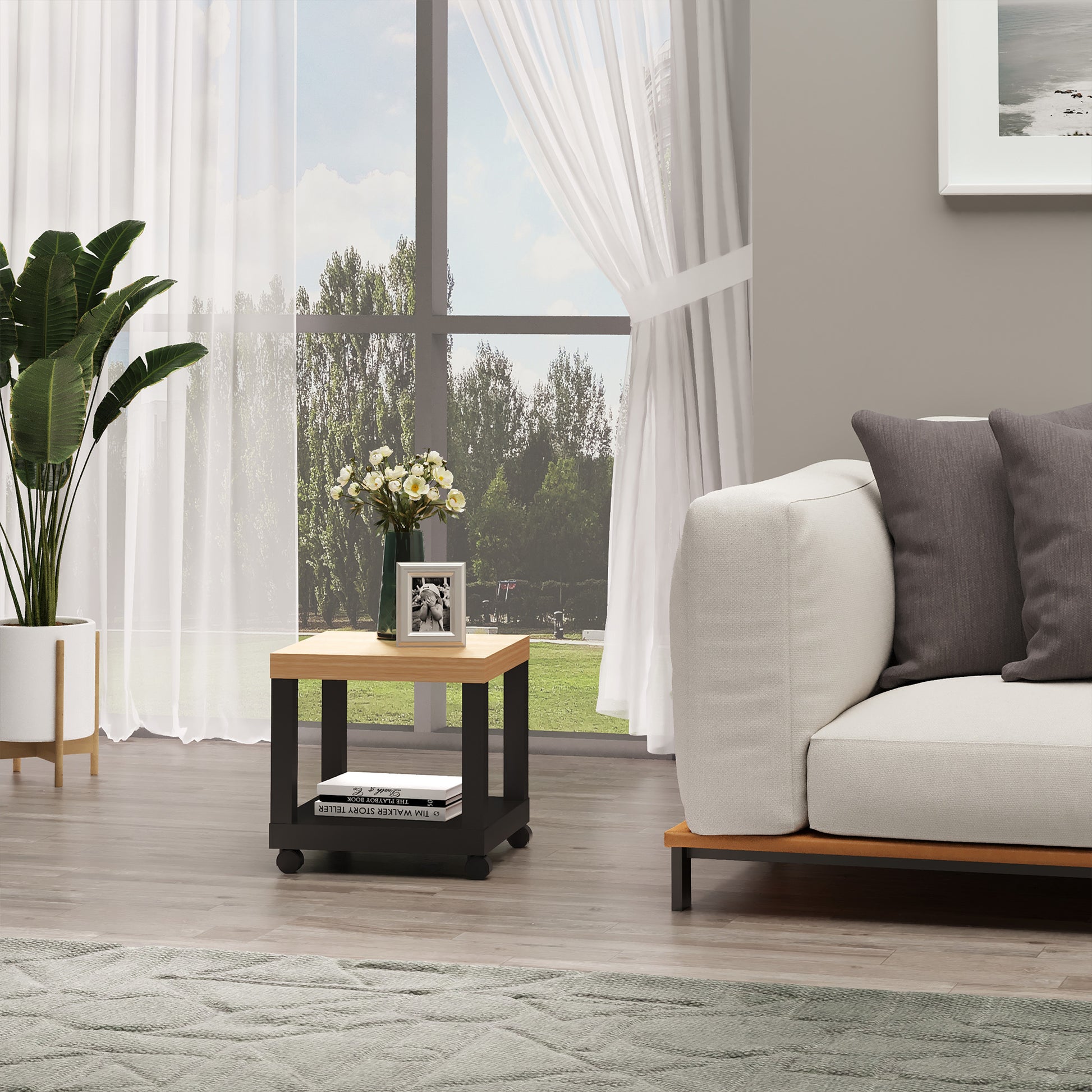 Wheeled Side Table with Open Shelf End Table for Sofa Living Room Bedroom 40x40x40 cm Black and Natural