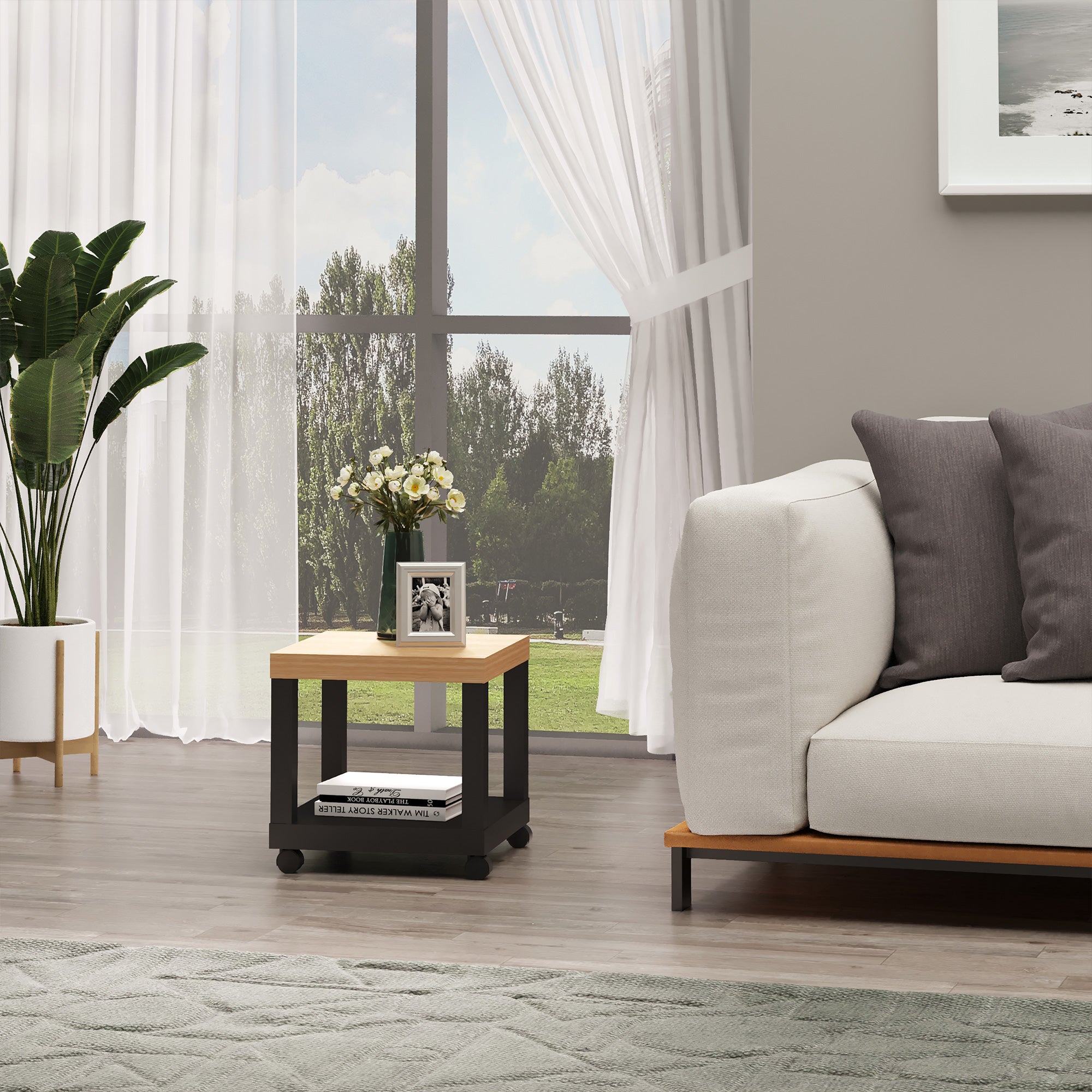 Wheeled Side Table with Open Shelf End Table for Sofa Living Room Bedroom 40x40x40 cm Black and Natural