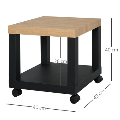 Wheeled Side Table with Open Shelf End Table for Sofa Living Room Bedroom 40x40x40 cm Black and Natural