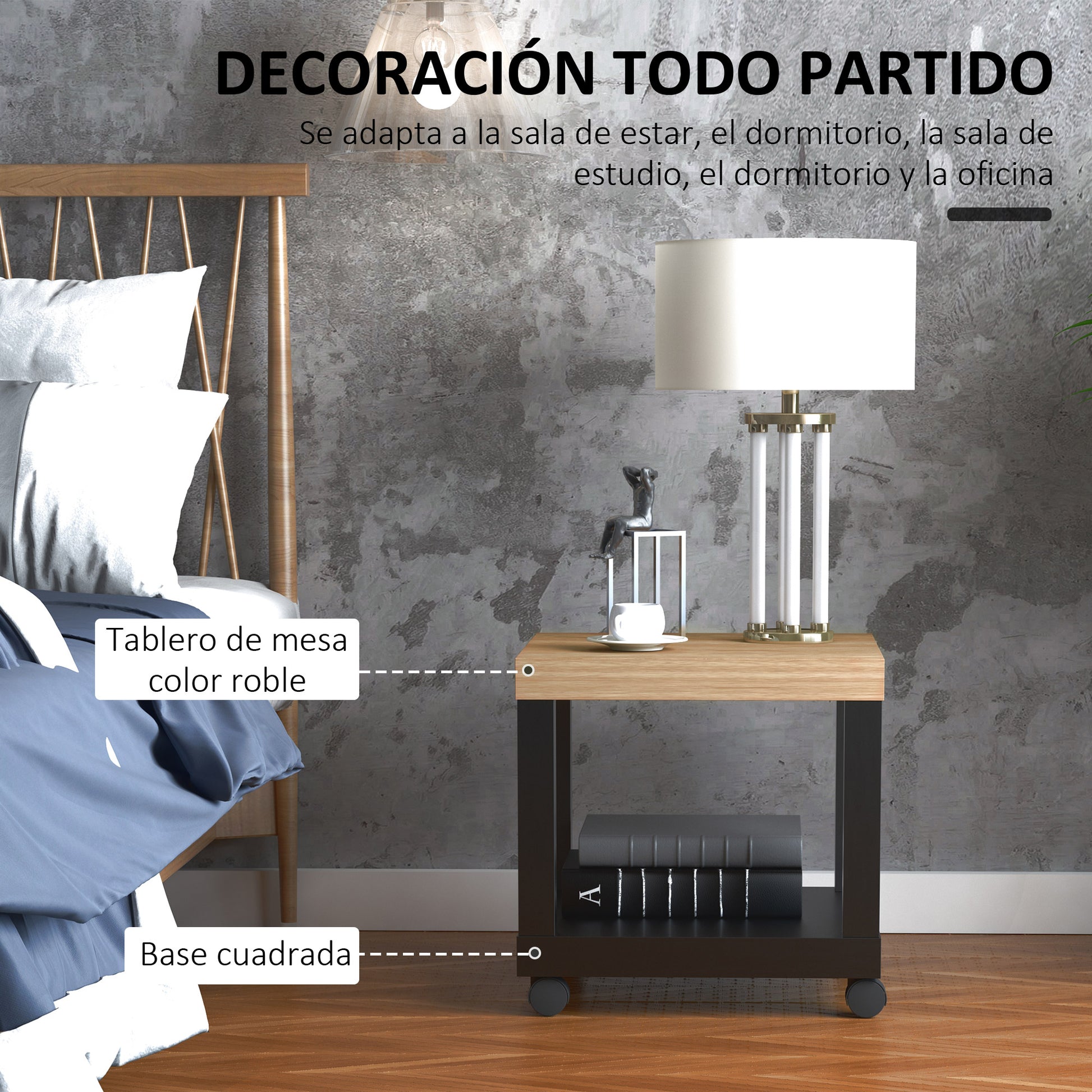 Wheeled Side Table with Open Shelf End Table for Sofa Living Room Bedroom 40x40x40 cm Black and Natural