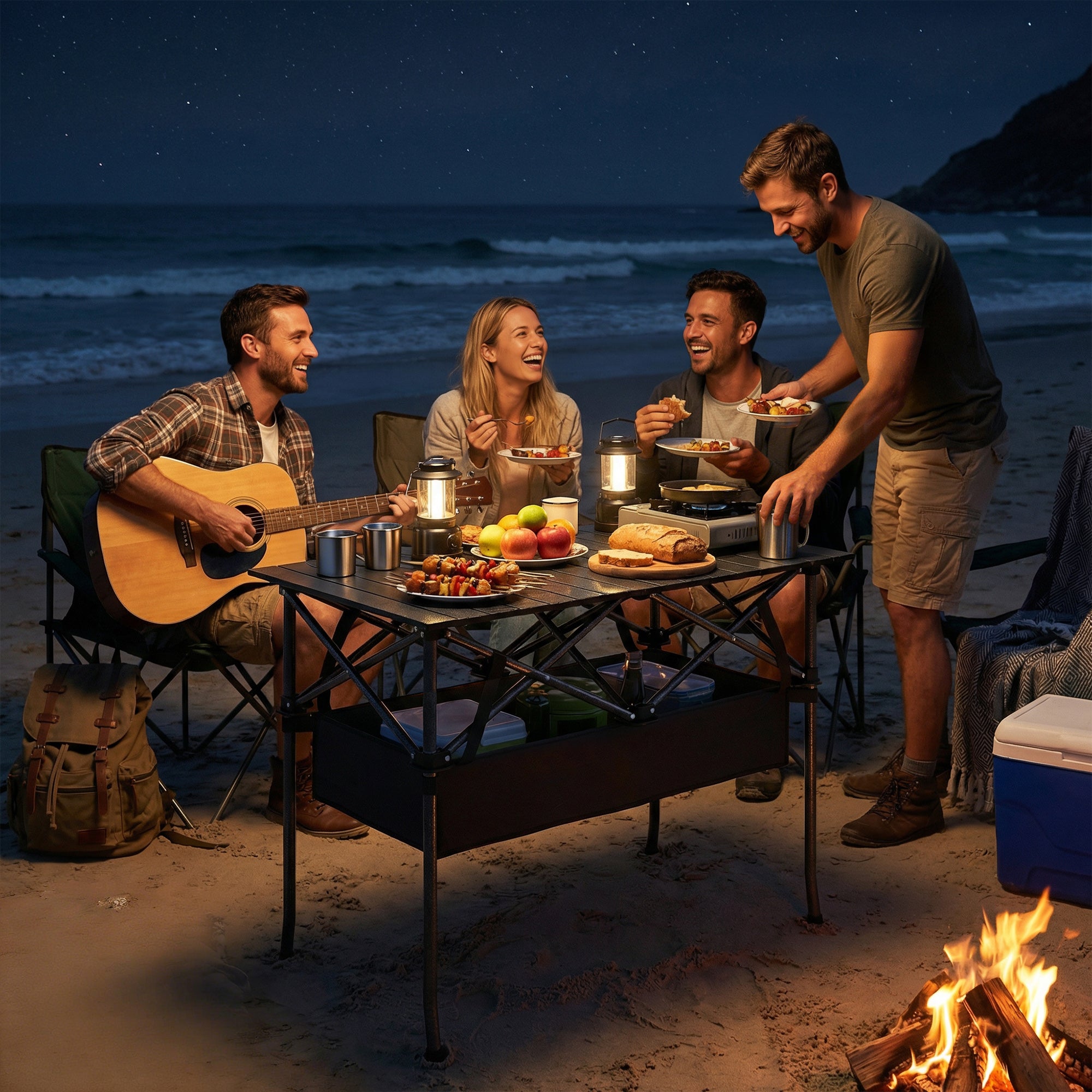 Foldable Camping Table, 36.6 x 21.7 x 26.8 in, Portable Roll-Up Aluminum Top with Storage Net, Metal Frame, Carry Bag, Black